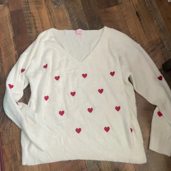 Pink Lily White Heart Patterned Sweater LARGE - Picture 1 of 2